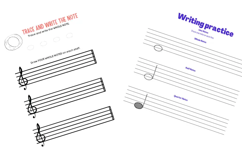 Preview of the beginner note-reading worksheets